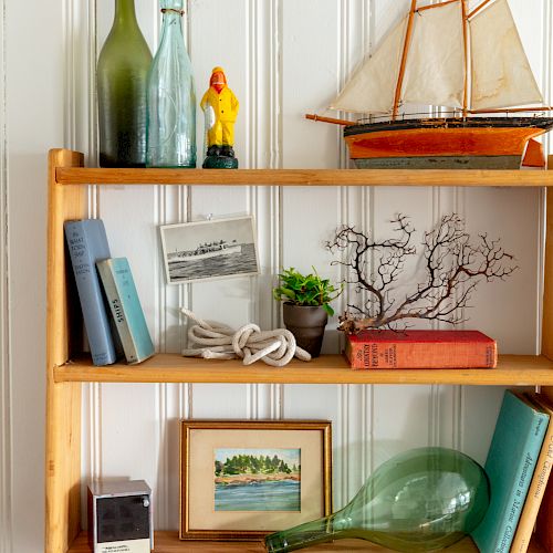 A wooden shelf with books, bottles, a toy boat, potted plants, artwork, a photograph, and a model sailboat on display, ending the sentence.