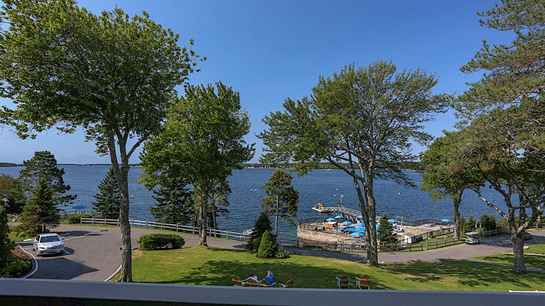 View of a scenic lake with a tree-lined shore, small dock, boats, cars, and people relaxing on the lawn under clear blue skies.