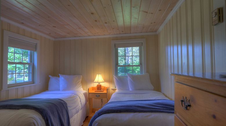 A cozy bedroom with two twin beds, a bedside table with a lamp, and wooden walls and ceiling, giving it a cabin-like feel, is shown.