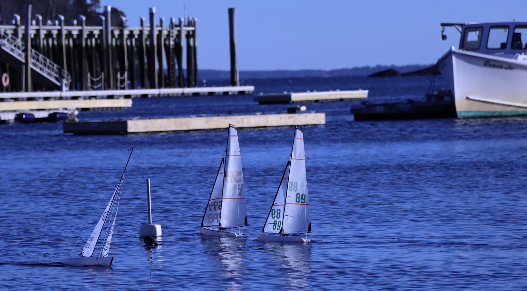 The image shows a calm water scene with miniature sailboats, a dock in the background, and a larger boat on the right side, under a blue sky.
